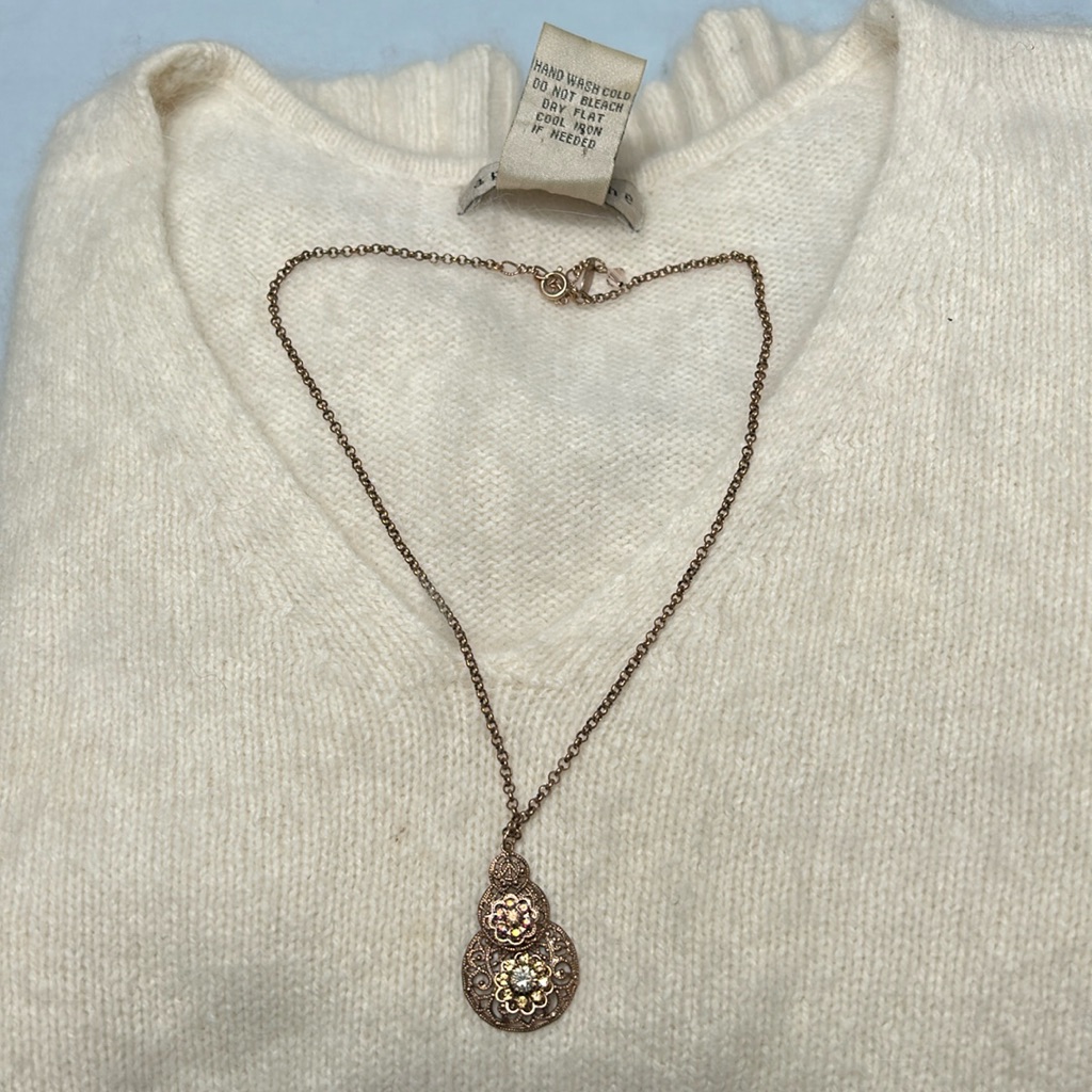Vintage Liz Palacios Gold Tone Intricate Pendant W Necklace Iridescent Gemstone